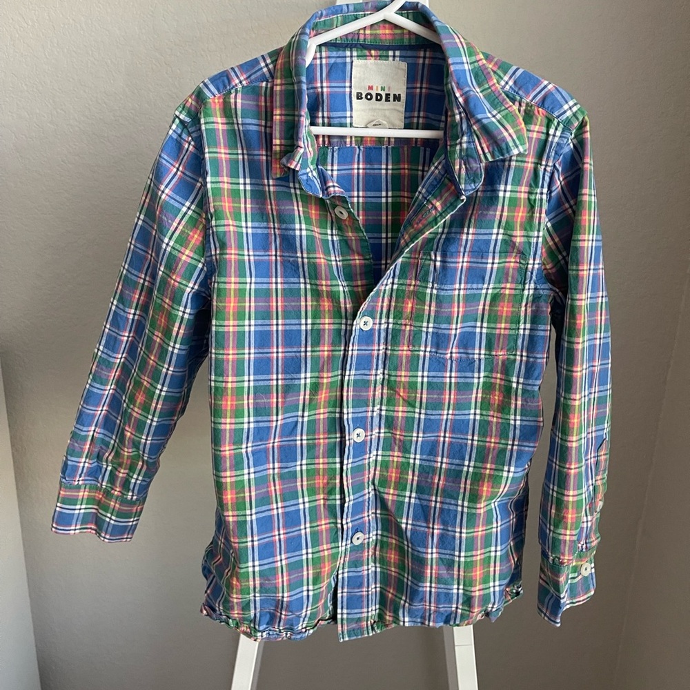 EUC Mini Boden Boys Blue & Green Plaid Button-Up Shirt